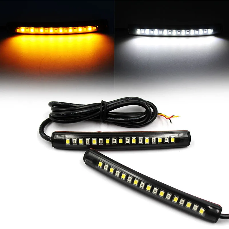 Mayitr 2pcs Universal Motorcycle 17 LED Flexible Strip Light Turn Signal Indicator White + Amber Led Running Tail Brake Lamp
