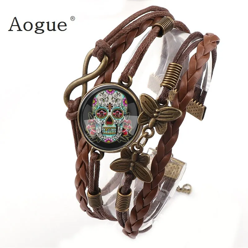 

Brown Artificial Leather Pirate Skull Pattern Bracelet Rock Biker Bracelets With Dome Round Glass Cabochon