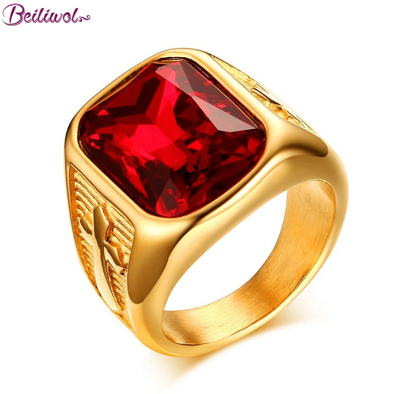 

Rings for Men Titanium steel Gold-color Fine Jewelry Square Red Rhinestones Crystal Cross Male Engagement Ring Unique Design