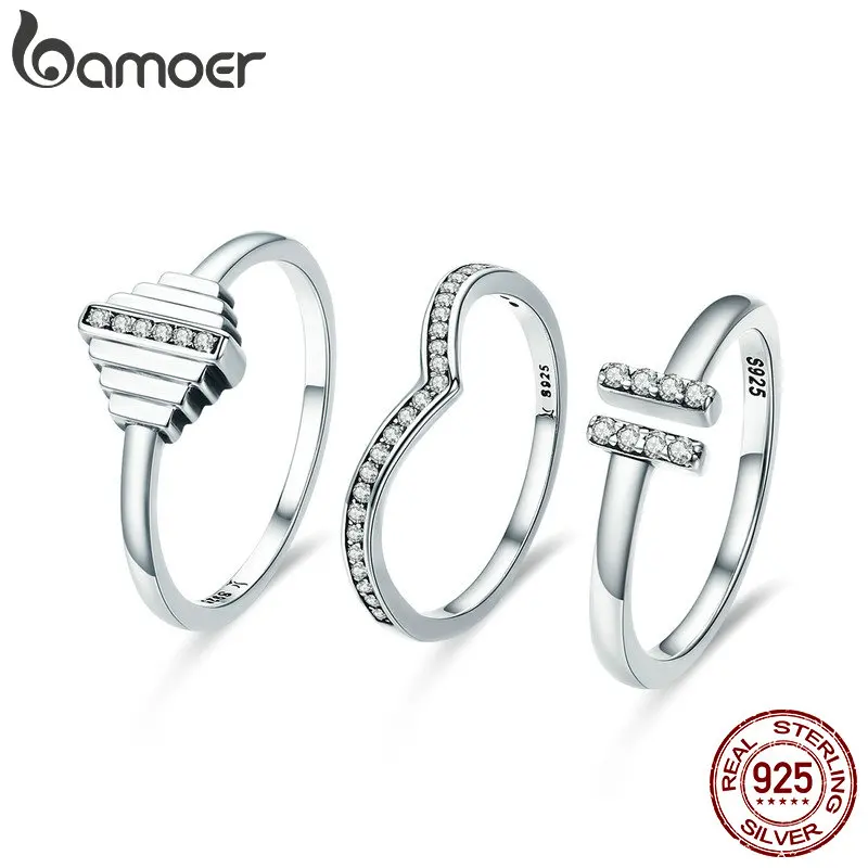 

BAMOER 100% Authentic 925 Sterling Silver Bridal Sets Geometric Luminous CZ Female Ring for Women Sterling Silver Jewelry SCR305