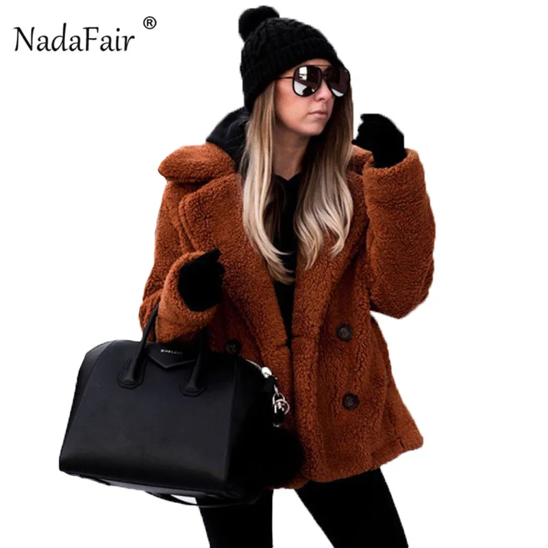 Nadafair plus size fleece faux fur jacket coat women winter pockets thick teddy coat female soft plush overcoat veste fourrure