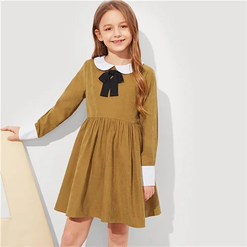 SHEIN Kids/коричневое платье для девочек с контрастным воротником и бантом спереди; консервативное платье; детская одежда; коллекция года; весенние повседневные платья для девочек с длинными рукавами на молнии - Цвет: Brown