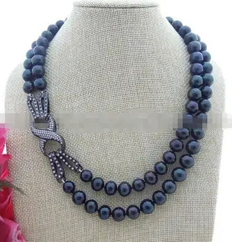 

beautiful 2row 11 mm AA Black Pearl Necklace CZ Clasp