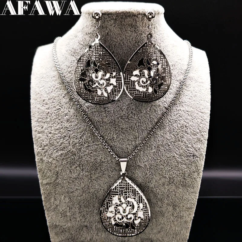 

2019 Lotus Stainless Steel Jewellery Set Women Flower Silver Color Earrings Necklace Set Jewelry ensemble bijoux femme 178380