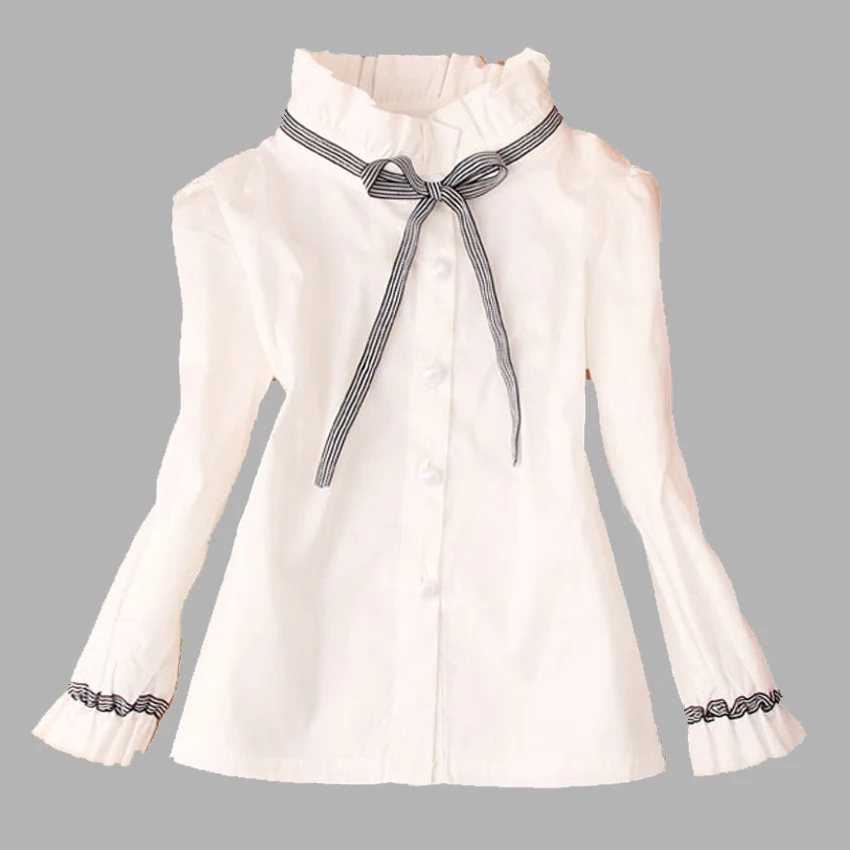 

White Blouses For Girls School Uniforms Cotton Stand Collar Bow Shirts Girls Tops Autumn Teenage Students Clothes 5 7 9 11 13 14