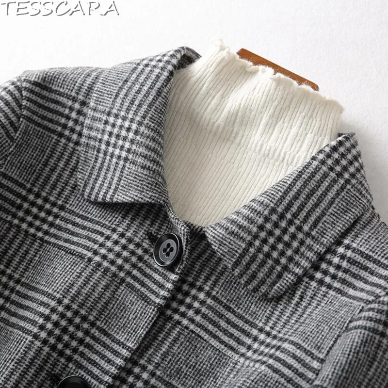 Qualité Plaid Tesscara Veste Laine Vestes Bureau Automne Haute Grey De Pardessus Femmes Femelle Manteaux Base Mélange Cachemire Manteau wOOSrRx