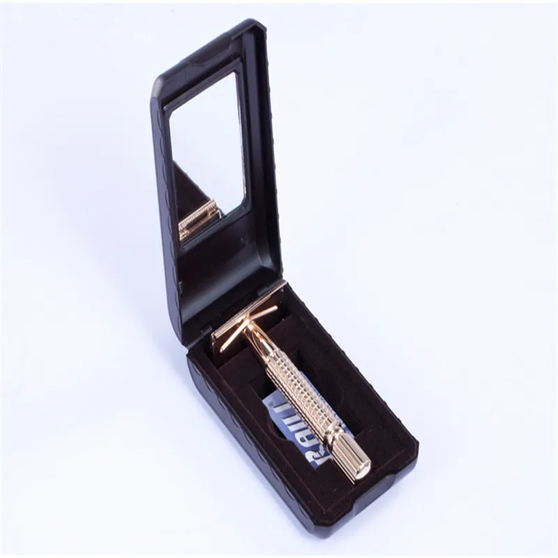 Men Razor Blade + Case with Mirror Golden Razor Holder Stainless Double
