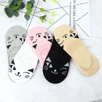 

Lovely Cartoon Cat Design Spring Summer Women Cotton Sock Boat Socks Girls Low Cut Ankle Socks Invisible Soft Sock Five Colors