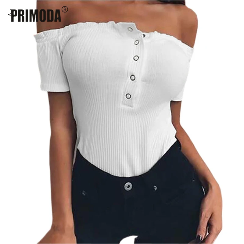 

Off Shoulder Women Bodysuits Summer New Short Body Buttons Ribbed Knitted Casual Bodysuit Skinny White Romper Solid Slash PR493G