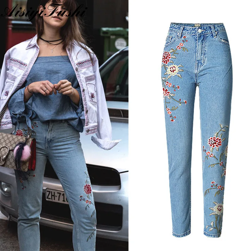embroidered blue jeans