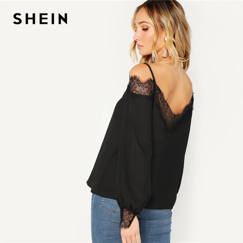 SHEIN Элегантный Топ С Открытыми Плечами И Кружевной Отделкой, Ажурный Топ С Длинными Рукавами