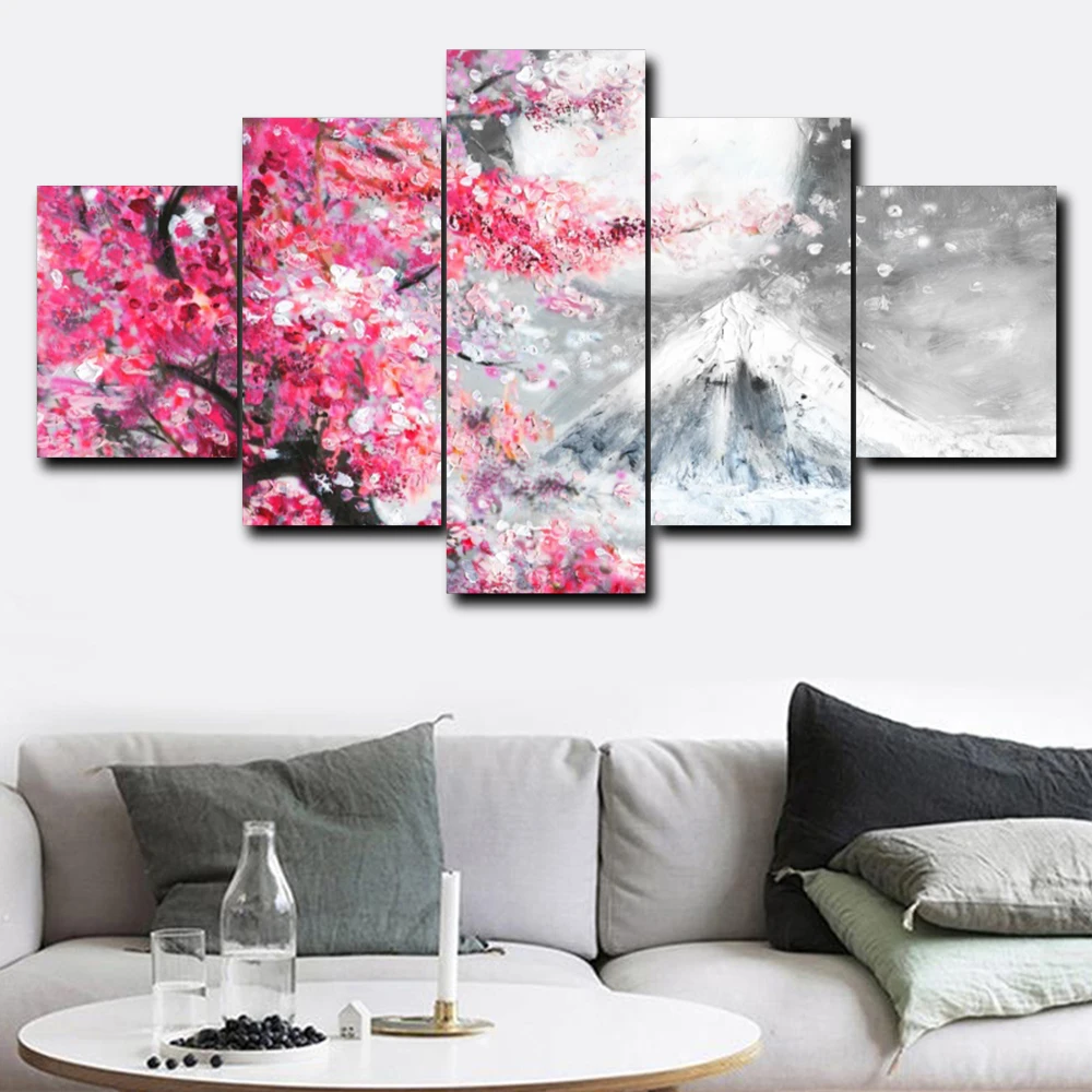 

Laeacco Canvas Calligraphy Painting 5 Panel Watercolor Pink Cherry Garden Posters and Prints Wall Art For Living Room Home Decor