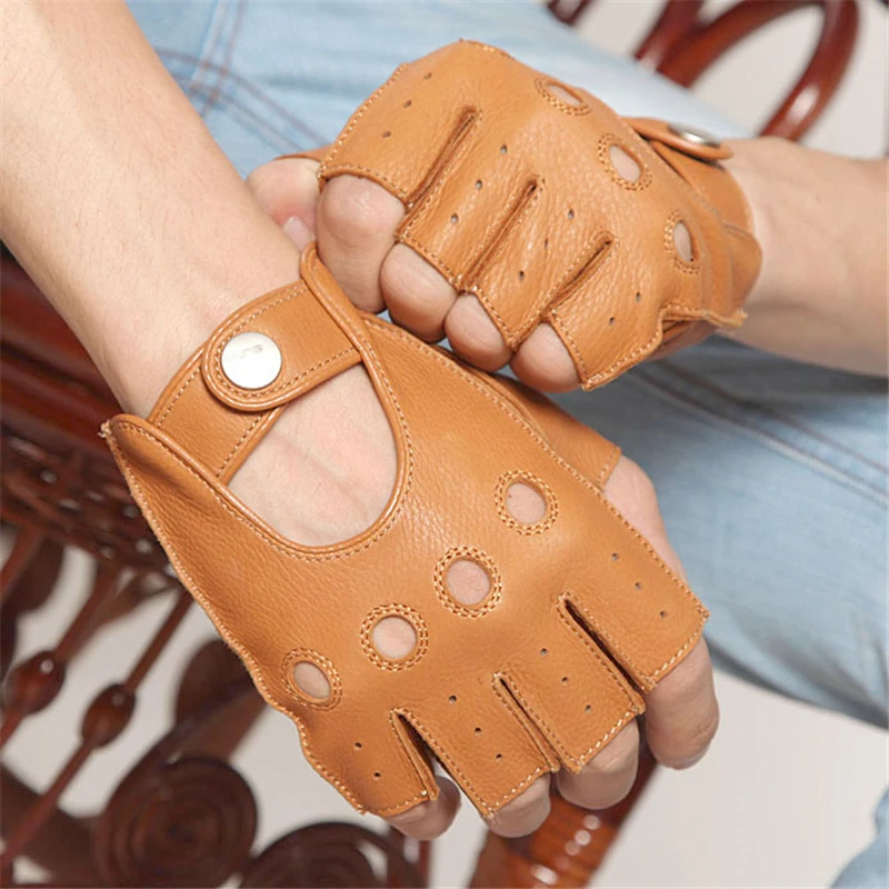 Весна и лето мужские кожаные перчатки Модные Короткие Половина Finger Buckskin водительские перчатки тонкий раздел EM001W-3