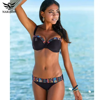 

NAKIAEOI 2019 New Arrival Sexy Bikinis Women Swimsuit Push Up Swimwear Print Patchwork Bikini Set Beach Bathing Suits Swim S~XL
