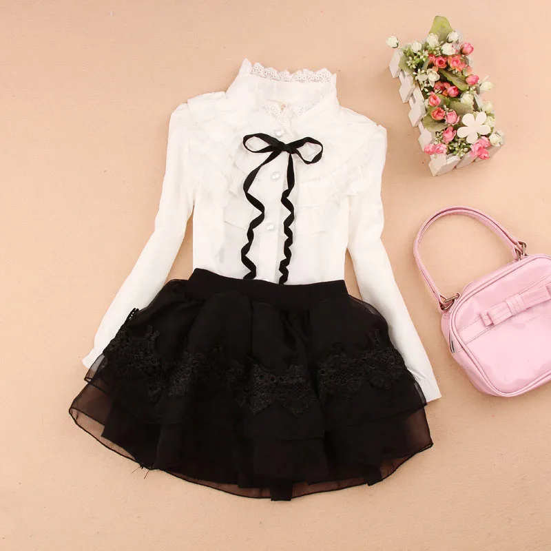 

2019 Spring Fall Cotton Ruffles Blouses for Children Teenage School Girls Bow White Shirts Toddler Long Sleeve Tops Baby Clothes