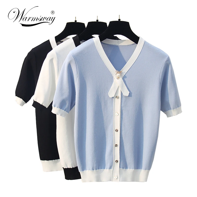 Summer Autumn pearl beading Cardigan Women Chic Style Knitted Blouses Short sleeve Shirt V-neck patchwork Blusas B-117 |