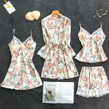 Белый женский комплект из 4 предметов: топ на бретелях и штаны Пижама комплекты одежды для сна Весенняя домашняя ночная рубашка соблазнительное кимоно Халат