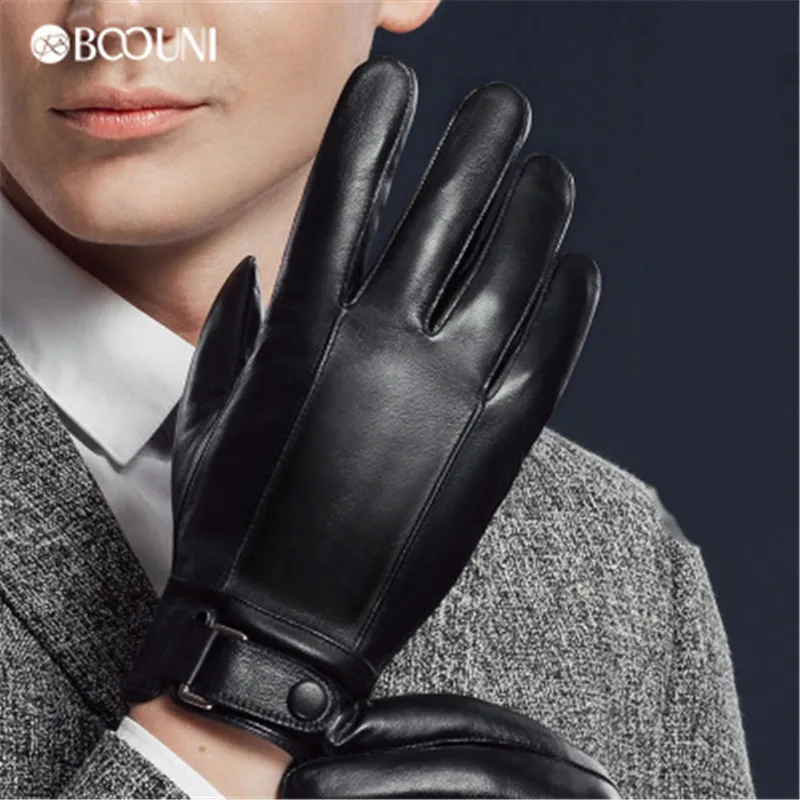 BOOUNI Genuine Leather Men Gloves New Style Five Finger Warm Velvet Fashion Trend Winter Sheepskin Glove For Driving NM938