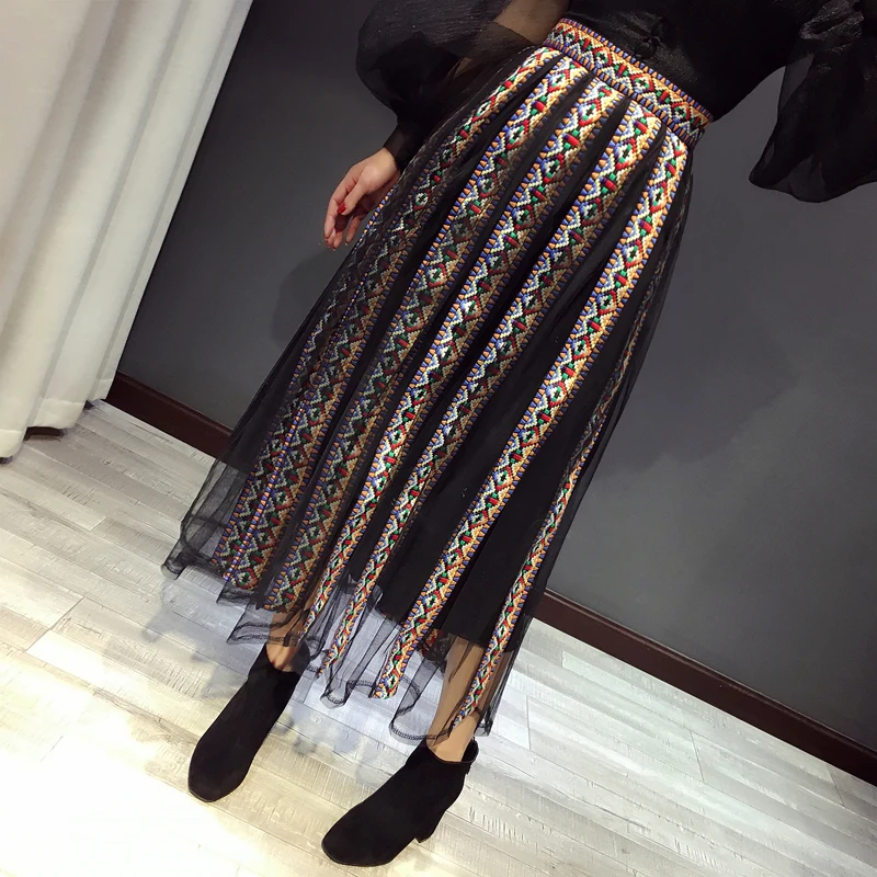 

Indie Folk Embroidery Mid-Calf Lace Patchwork Mesh Skirt Women Summer Empire Waist Ball Gown High Fashion Elegant Female Skirts