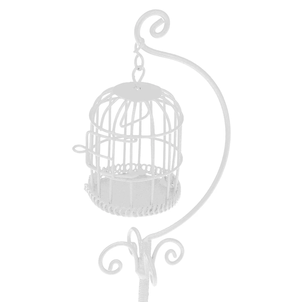 1:12 Scale White Painted Metal Cage On A Stand With 2 Birds Tumdee Dolls House 