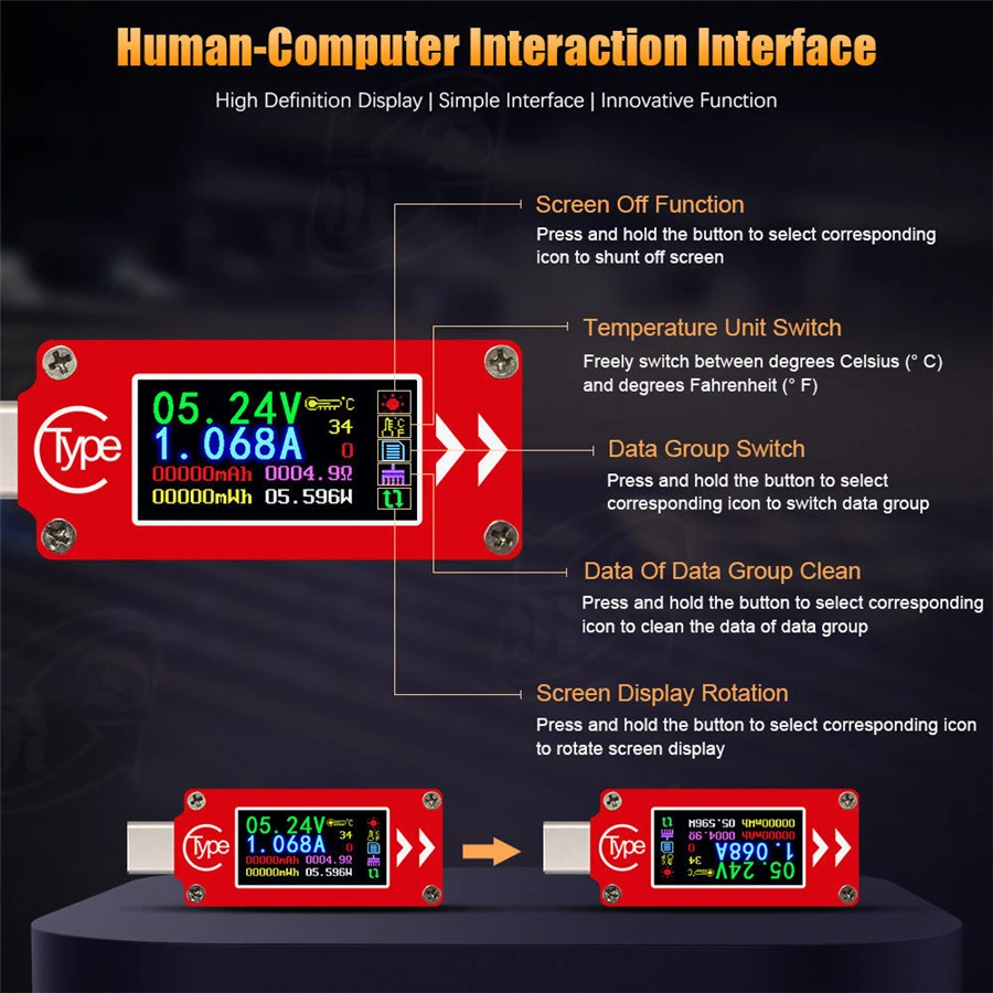 TC64 тип-c цифровой вольтметр Амперметр цветной ЖК-дисплей Напряжение измеритель тока Температура Емкость энергии USB тестер QC2.0 QC3.0