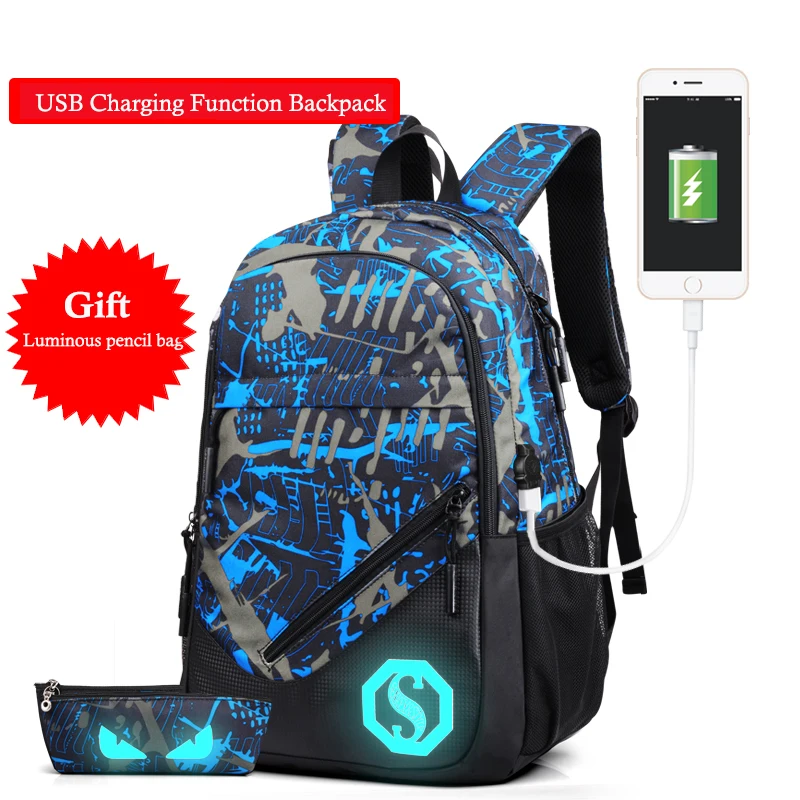 OZUKO Fashion Men's Backpack Luminous Students School Bags External USB Charge Laptop Backpacks Teenagers Casual Travel Mochila