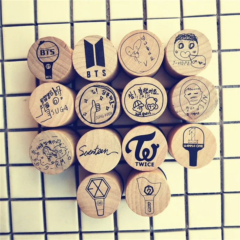 

Kpop EXO GOT7 TWICE Seventeen WANNA ONE V SUGA JIMIN JUNGKOOK JIN Wooden Seal Wood Wax Badge Cartoon Funny Stamps