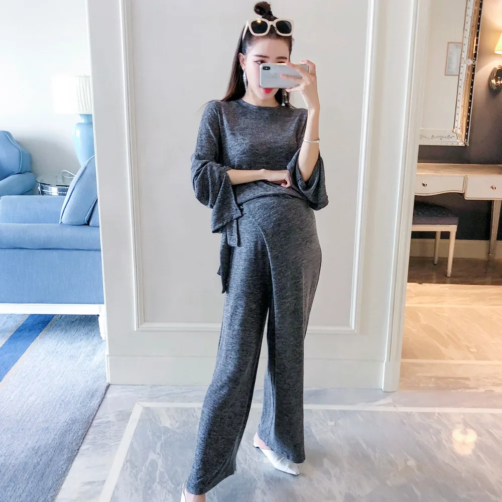 

Pregnant women suit 2018 autumn new fashion long-sleeved loose large size maternity dress wide leg pants light board two-piece