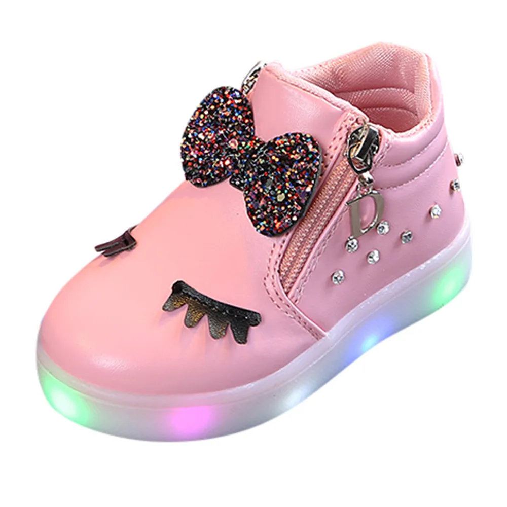 Kids Infant Baby Girls Sport Shoes Crystal Bowknot LED Luminous Boots Sneakers 