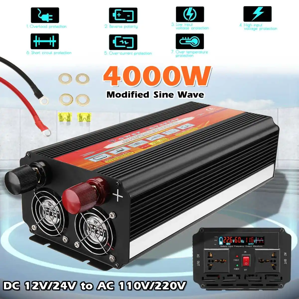 

Solar Inverter 12V 220V 4000W Pe ak Power Voltage Converter Transformer DC 12V/24V AC 110V Modified Sine Wave LCD Inversor