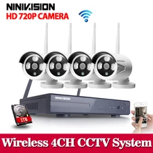 4CH Wireless NVR Kit P2P onvif 4pcs WIFI IP Camera Waterproof 1.0MP CCTV Camera System Vedio Surveillance System 1TB HDD