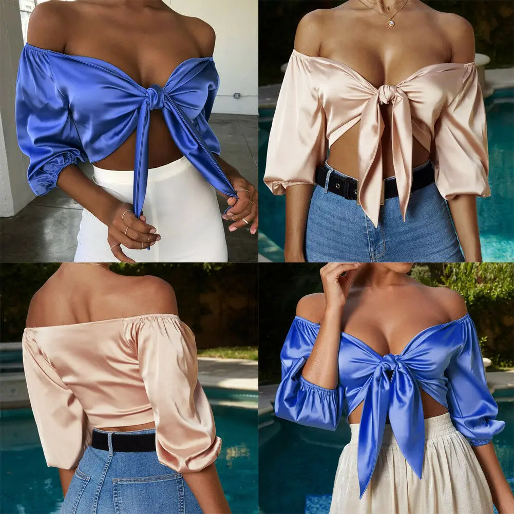 

UK Womens Ladies Satin Silk Tie Up Knot Flared Sleeved Cropped Top Plunge Shirt