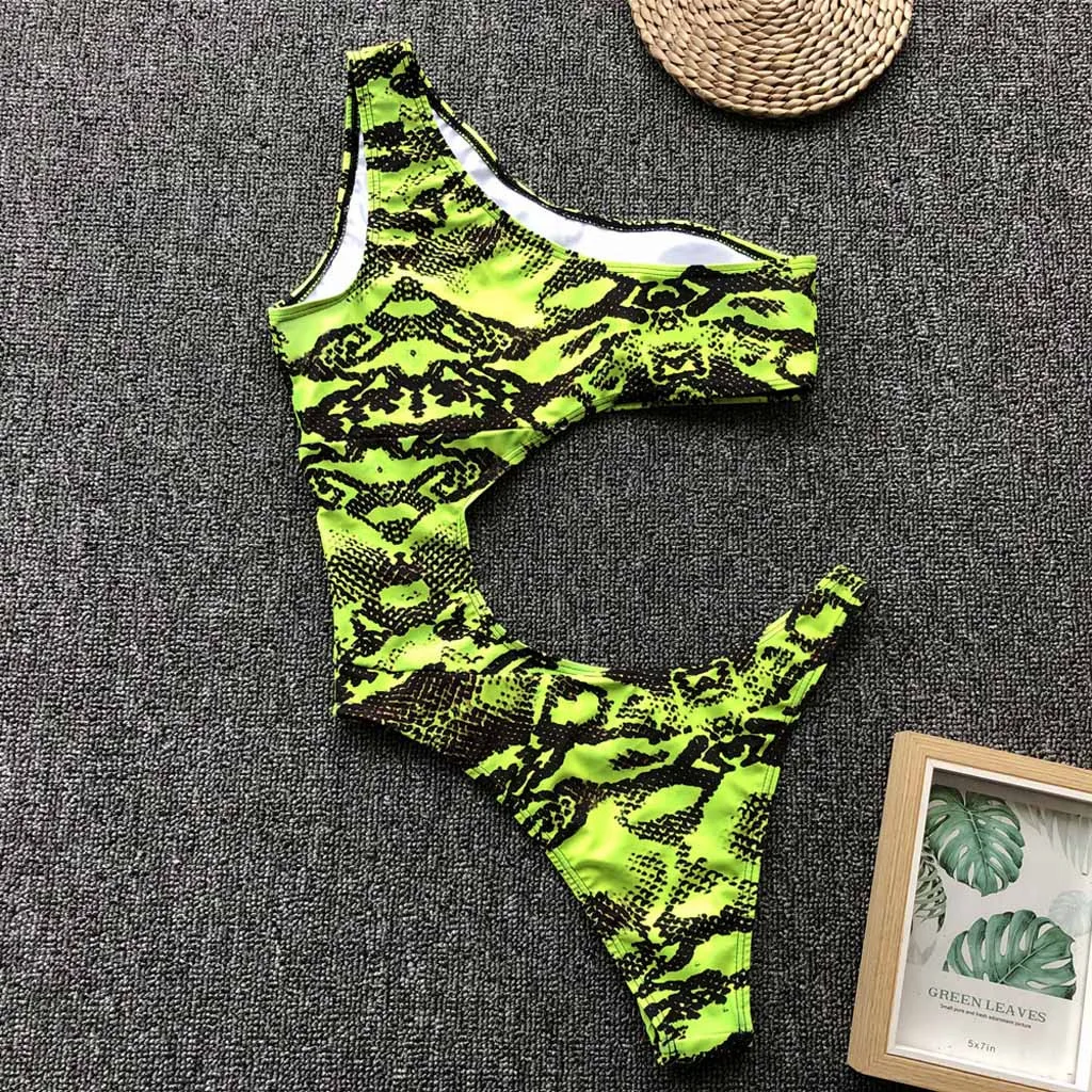 Летние женские леопардовые Зеленые Черные полые цельные бикини купальный костюм стеганый купальник со средней посадкой купальник с вырезом на спине пляжная одежда
