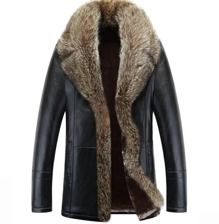 AILOOGE Брендовое мужское меховое пальто из овчины, натуральная кожа, мех енота, овечья кожа, американский мех енота, мужское пальто в деловом стиле, теплое - Цвет: Black long