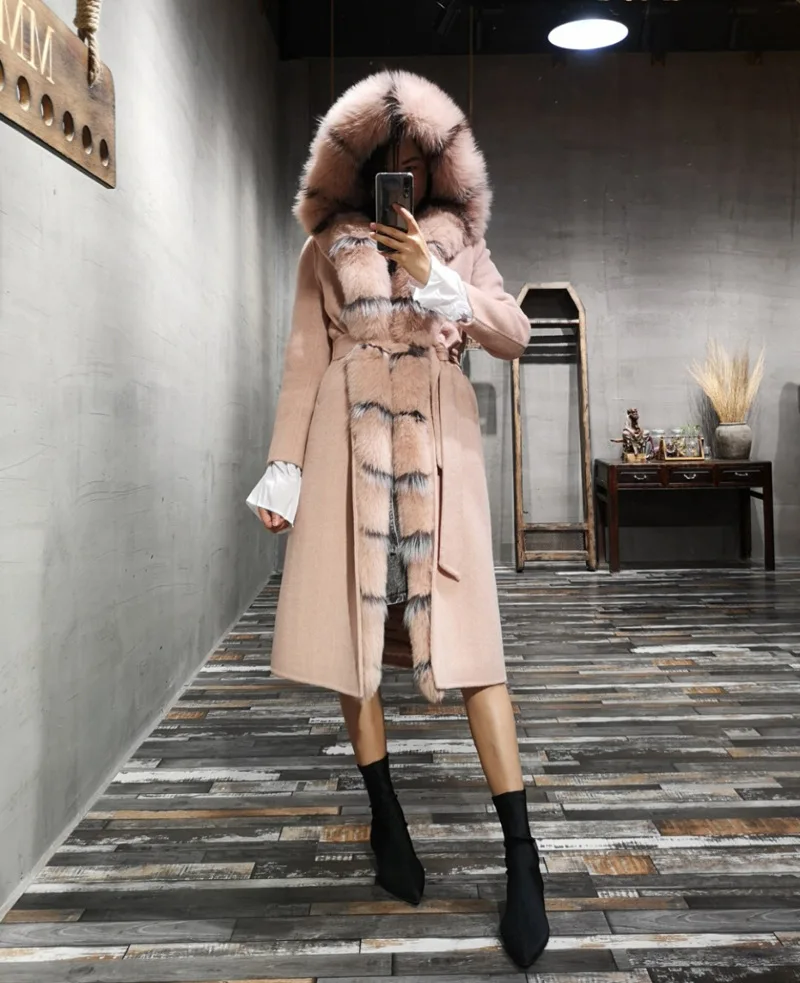 Высокое качество кашемировое шерстяное пальто женское длинное пальто женское натуральное лисьего меха воротник съемная подкладка из кроличьего меха Рекс с поясом