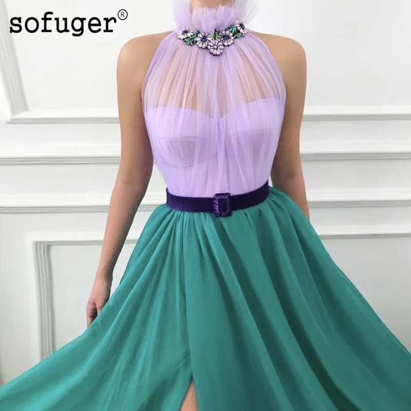 

Lilac Green Halter Neck A Line Evening Dress Robe De Soiree Plus Size High Slit Vestidos De Fiesta De Noche Formal Party Dress