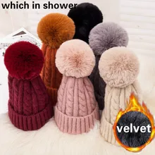 Модная бархатная зимняя шапка с помпон с искуственным мехом, утолщенная теплая флисовая подкладка, шерстяная вязаная шапка, Женская Шапка-бини для девочек