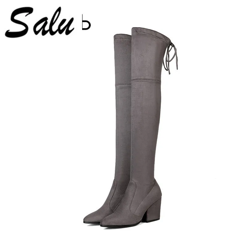 

Salu 2019 new Size 33-43 Ladies High Heel Boots Pointed Toe Ladies Long Boots Concise Mature Woman Over Knee Botas