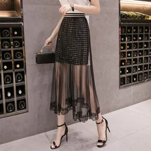 Плюс размер Сексуальная черная сетчатая плиссированная Тюлевая кружевная длинная юбка в Корейском стиле женская одежда Высокая талия эластичная юбка