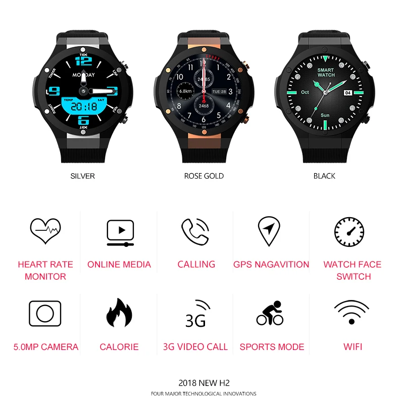 Microwear H2 3G Wifi GPS Smart Watch Phone 5MP Camera Quad Core 1G RAM 16G ROM Heart Rate Bluetooth Fashion Sport SmartWatch