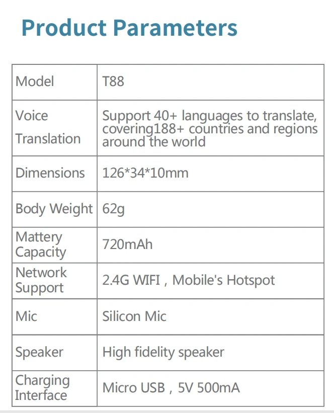 Многоязычный мини умный мгновенный голосовой переводчик высокого качества, интерактивный перевод T88 Micro USB кабель
