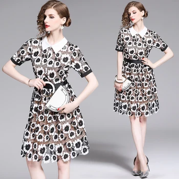 

women ladies Designer dress lace embroidery Embroidered summer cute sexy black white runway A-line party office work dresses