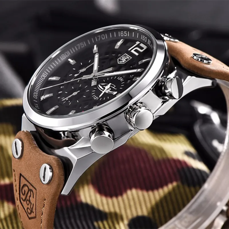 BENYAR Men's Watch Brand silver black Dial reloj hombre Quartz Waterproof Leather Brown Strap Top Luxury Chronograph erkek saat |