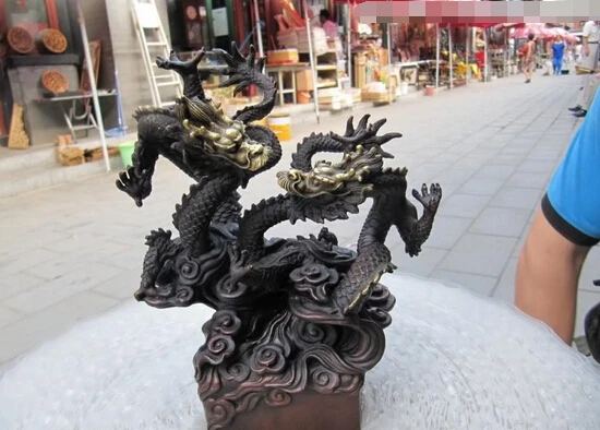 

free 8"Chinese Red Bronze Copper Fengshui Refined Two Dragon Play Bead seal statue fast