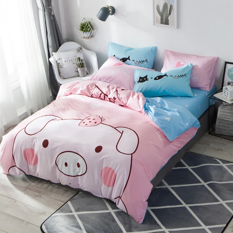 

Brief Style Pure Cotton Duvet Cover Bed Set Bed Sheet Pillowcases Cartoon Baby Pig Panda Rainbow Bear Jurassic Cat Full Queen
