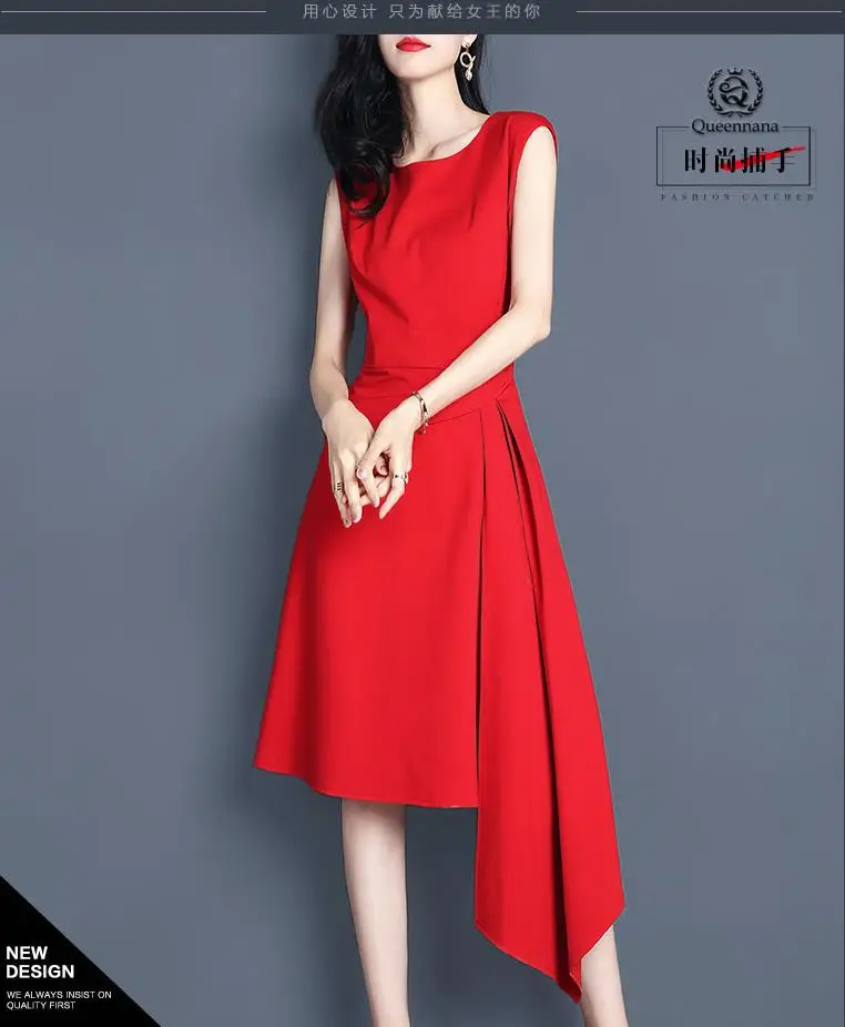 Billige Frühling 2019 weibliche stil ärmelloses kleid göttin fan rot unregelmäßigen rock