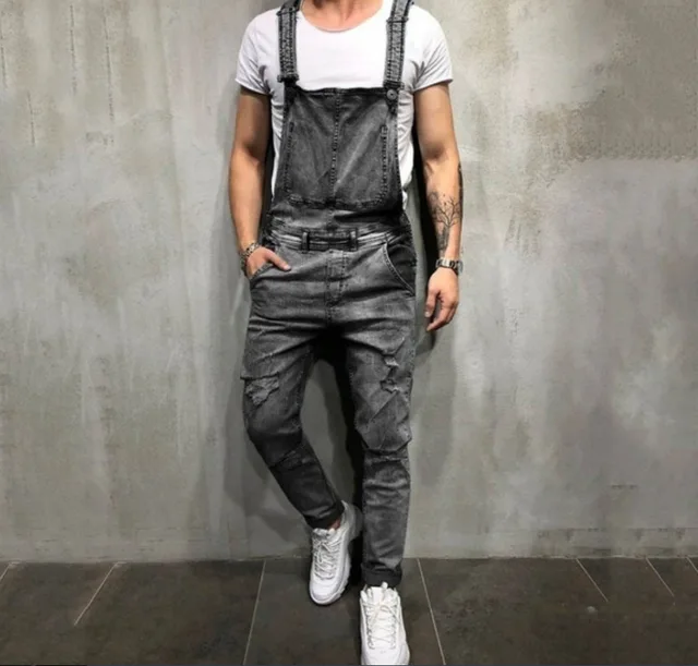 KENNTRICE Denim Jumpsuit Men Hip Hop Streetwear Distressed Skinny Jeans