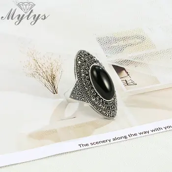 

Mytys Antique Black Stone Vintage Ring Marcasite Invisible Setting Retro Design Collection Jewelry for Women R2020