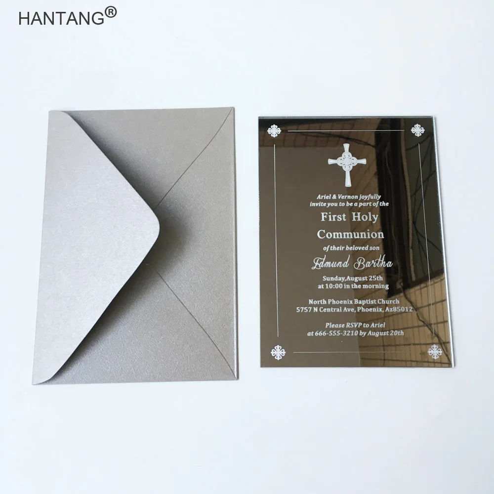 

Customized 5x7inch Silver Mirror Acrylic First Holy Communion/Baptism/Christening Invitation Card 100pcs Per Lot