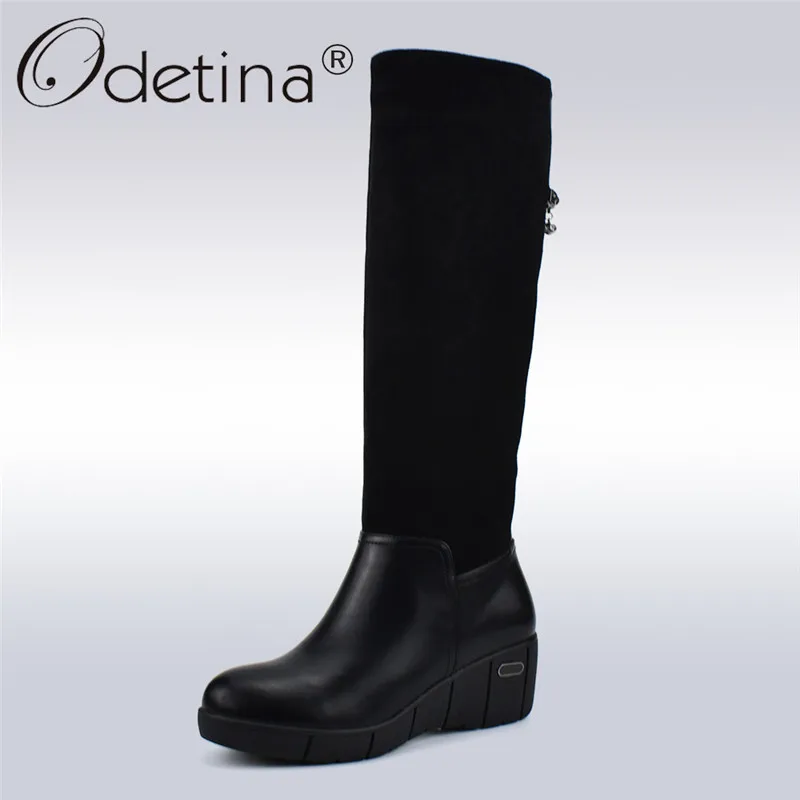 

Odetina Fashion Women Knee High Boots Winter Shoes Black Side Zipper Warm Fur Wedge Platform Half Boots High Quality Big Size 41